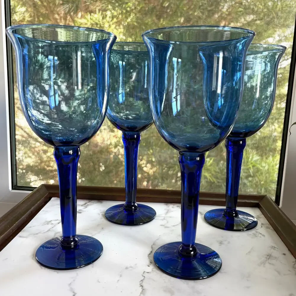 Vintage Cobalt Blue Mexican Glass Goblets Set of 4u